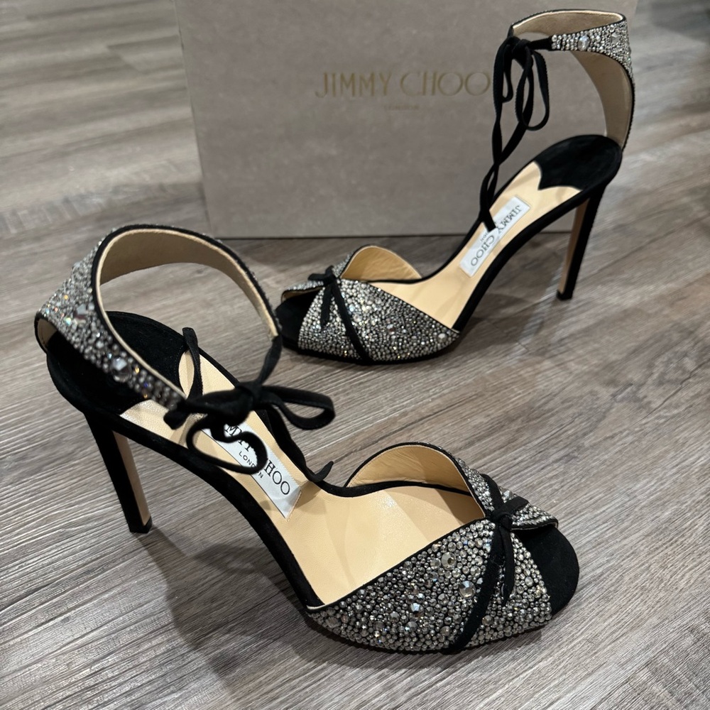 Jimmy Choo Talaya 100 Black Suede Crystal Hotfix Embellished Heels Sandals - Picture 1 of 13
